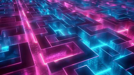 Dynamic perspective of a futuristic maze, intricate design with interlocking corridors and vibrant holographic accents, realistic texture