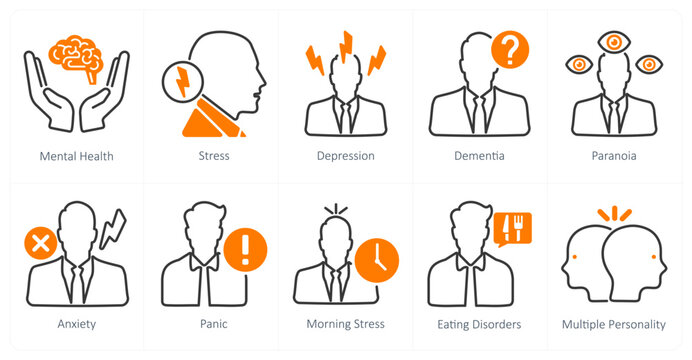 A set of 10 mental health icons as mental health, stress, depression