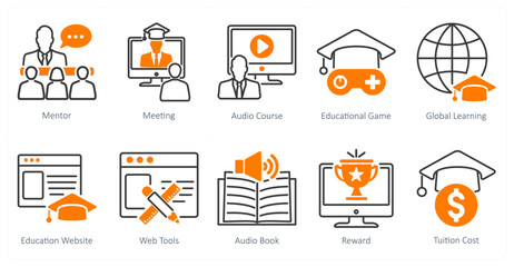 A set of 10 online education icons as mentor, meeting, audio course