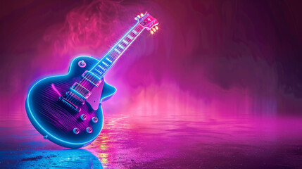 Neon Lit Electric Guitar in a Haze of Smoke, A Symbol of Rock and Rebellion. Music club poster background