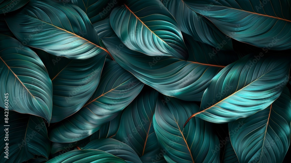 Wall mural A vibrant, detailed pattern of overlapping turquoise and dark green feather leaves. Perfect for backgrounds, wallpapers, and nature-themed designs. - Wall murals