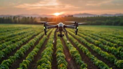A drone flying over a lush green agricultural field at sunset, showcasing modern farming technology and beautiful landscape.