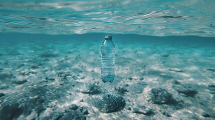 Naklejka premium Single plastic bottle floating in the sea, showcasing the impact of plastic waste on marine life