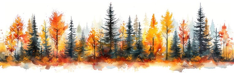 Hand Drawn Watercolor Forest Trees: Fire & Spruce, Isolated on White Background. Woods Landscape...