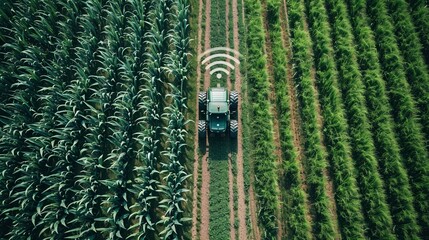 Aerial view of autonomous tractor using smart technology to plow a field with rows of crops. Precision agriculture in practice.