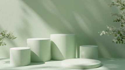 Five Minimalist Green Toned Round Podiums for Product Presentation on Empty Background. Ideal for E-commerce and Advertising Displays, Showcasing Minimalist Style and Elegance