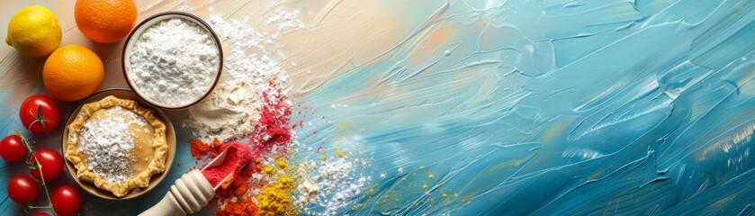 Beach-themed baking scene with a pie, flour, and baking tools on a sandy surface, next to a painted sea wave background.