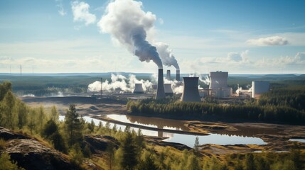 Fototapeta premium Contrasting Energy Subsidies for a Greener Tomorrow: Coal Plant Emissions and Clean Energy Vision with Power Plant Smoke against Blue Sky and Coal Mine in the Background