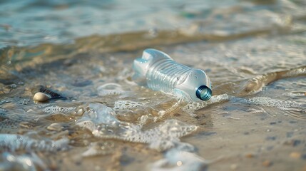 Marine scene with a plastic bottle in the sea water, illustrating pollution