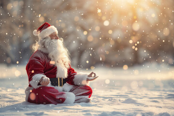 Santa Claus meditating in snow during sunrise with snowflakes falling.