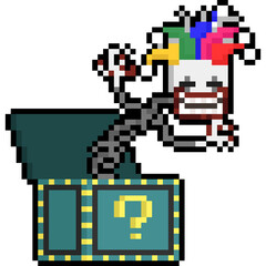 Pixel art cartoon mystery box with spooky clown