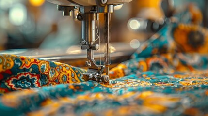 Detailed image of a sewing machine stitching a patterned fabric, with focus on the needle, thread, and fabric textures