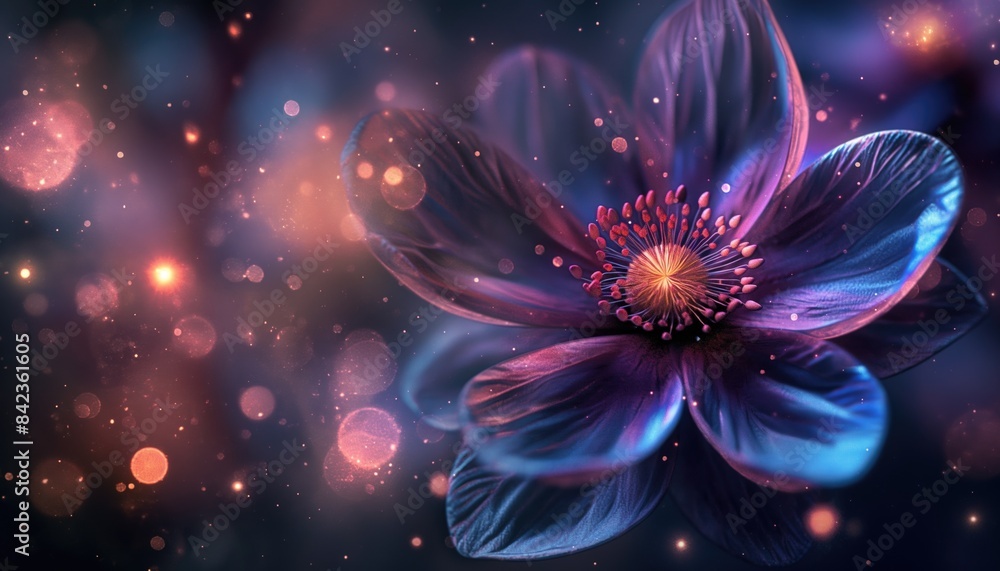 Poster abstract close-up of glowing flower with colorful bokeh background.