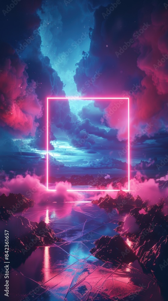 Poster neon frame in fantasy landscape with colorful clouds and surreal lighting creating a dreamy scene.