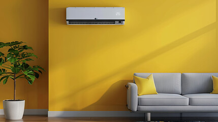 Modern air conditioner on yellow wall in living room 