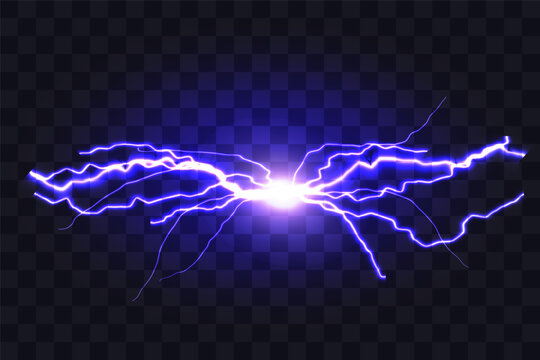 Electric discharge. Purple lightning isolated on transparent background. Flash Light. Realistic lightning glow. Natural phenomenon. Vector illustration.