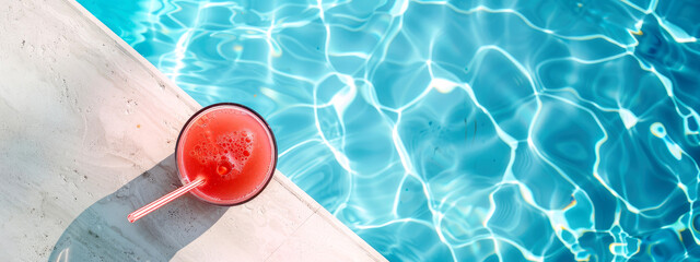 Top view of beautiful summer vacation background with cold watermelon juice by the clear blue swimming pool water. Summer concept banner with copy space - Powered by Adobe