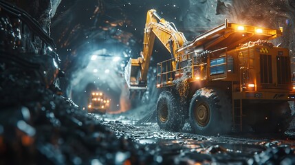 Heavy machinery in a subterranean mine, blurred miners extracting ore, surrounded by rough-hewn rock and flickering lights, gritty and realistic
