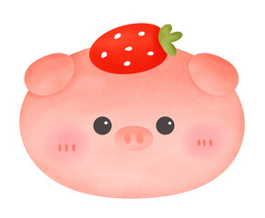 The pink pig has a strawberry on its head.