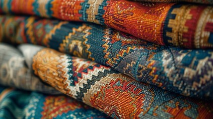 Fototapeta premium Fabric with a contemporary Bohemian twist, showcasing a vivid array of geometric patterns, abstract motifs, and rich textures in a seamless blend