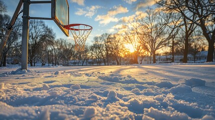 Focused shot of a basketball hoop during sunset in a snowy park, the icy rim and net casting long shadows on the fresh snow, vibrant and crisp atmosphere