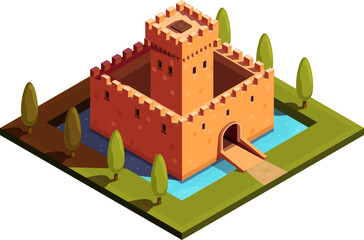 isometric icon of old castle in moat in park, vector illustration