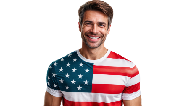 Smiling man in an American flag t-shirt on a transparent background. Ideal for 4th of July promotions, patriotic events, and marketing materials.
