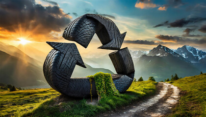 Tire recycling - triangle sign made from black tires