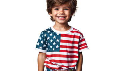 Smiling child wearing an American flag t-shirt on a transparent background. Ideal for 4th of July promotions, Independence Day celebrations, and patriotic campaigns.