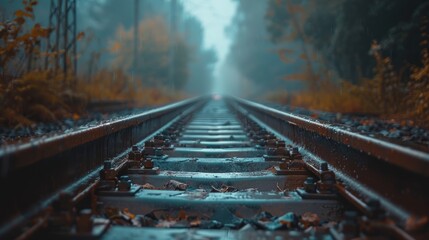 Fototapeta premium Close-up of train tracks, with focus on the steel rails and wooden ties, minimal surrounding environment, raw aesthetic