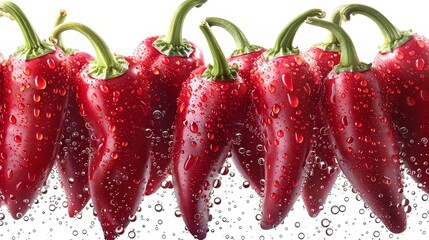 Close-up of vibrant fiery red chili peppers with glistening skin, isolated on a white background, sharp focus, showcasing their spicy allure in culinary arts