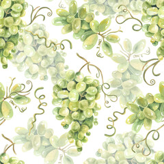 Green grapes, vine watercolor, seamless pattern. Hand drawn. For kitchen textile, fabric, design, packaging, wallpaper. Food illustration