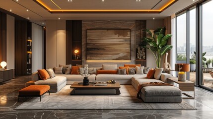 Fototapeta premium Panoramic interior of modern living room and soft sofa