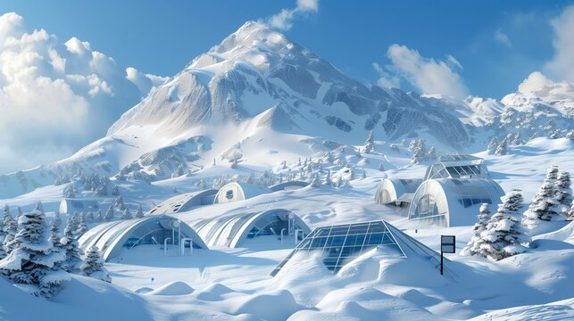 A winter technopark at a snow-capped mountain base with geothermal greenhouses, labs, and weather stations.