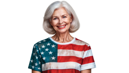 Smiling senior woman wearing an American flag shirt on a black background. Concept of patriotism and national pride. Useful for promotions around national holidays and senior-oriented businesses.