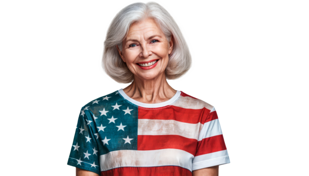 Smiling senior woman wearing an American flag shirt on a black background. Concept of patriotism and national pride. Useful for promotions around national holidays and senior-oriented businesses.