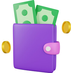 3D Wallet with Money and Coin Illustration

