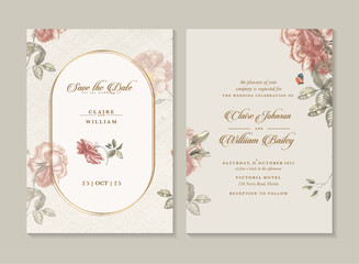 Wedding Invitation Template with Botanical Illustration 