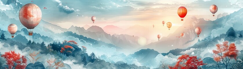 Fototapeta premium Stunning landscape with colorful hot air balloons hovering over mountains during a serene sunrise. Perfect for adventure and travel themes.