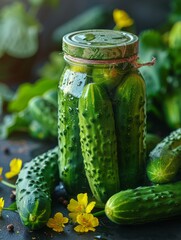 collected fresh cucumbers in a glass jar on the table, homemade canning, blurred garden background