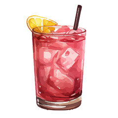 Vibrant Watercolor Cocktail with lime in a rocks glass Illustration in PNG, Cocktail with lemon and ice. Drink. Beach cocktail. Party. For printing on postcards, stickers, invitations, menus.