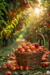 basket with ripe nectarines stands in the foreground, sunlight passes through the leaves, a pastoral scene of peace and tranquility