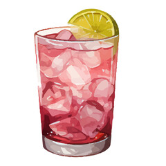 Vibrant Watercolor Cocktail with lime in a rocks glass Illustration in PNG, Cocktail with lemon and ice. Drink. Beach cocktail. Party. For printing on postcards, stickers, invitations, menus.