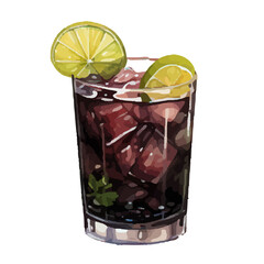 Vibrant Watercolor Cocktail with lime in a rocks glass Illustration in PNG, Cocktail with lemon and ice. Drink. Beach cocktail. Party. For printing on postcards, stickers, invitations, menus.