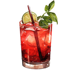 Vibrant Watercolor Cocktail with lime in a rocks glass Illustration in PNG, Cocktail with lemon and ice. Drink. Beach cocktail. Party. For printing on postcards, stickers, invitations, menus.

