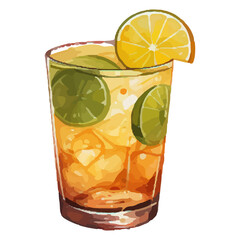 Vibrant Watercolor Cocktail with lime in a rocks glass Illustration in PNG, Cocktail with lemon and ice. Drink. Beach cocktail. Party. For printing on postcards, stickers, invitations, menus.