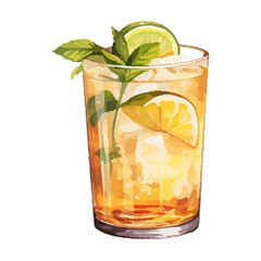 Vibrant Watercolor Cocktail with lime in a rocks glass Illustration in PNG, Cocktail with lemon and ice. Drink. Beach cocktail. Party. For printing on postcards, stickers, invitations, menus.