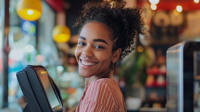 A customer is using a card reader to make a payment at a cafe's checkout counter, with focus on the payment device