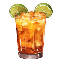 Vibrant Watercolor Cocktail with lime in a rocks glass Illustration in PNG, Cocktail with lemon and ice. Drink. Beach cocktail. Party. For printing on postcards, stickers, invitations, menus.