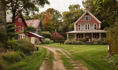 Obraz premium A picturesque farmhouse surrounded by idyllic countryside, featuring a classic red barn that adds to its rustic charm.